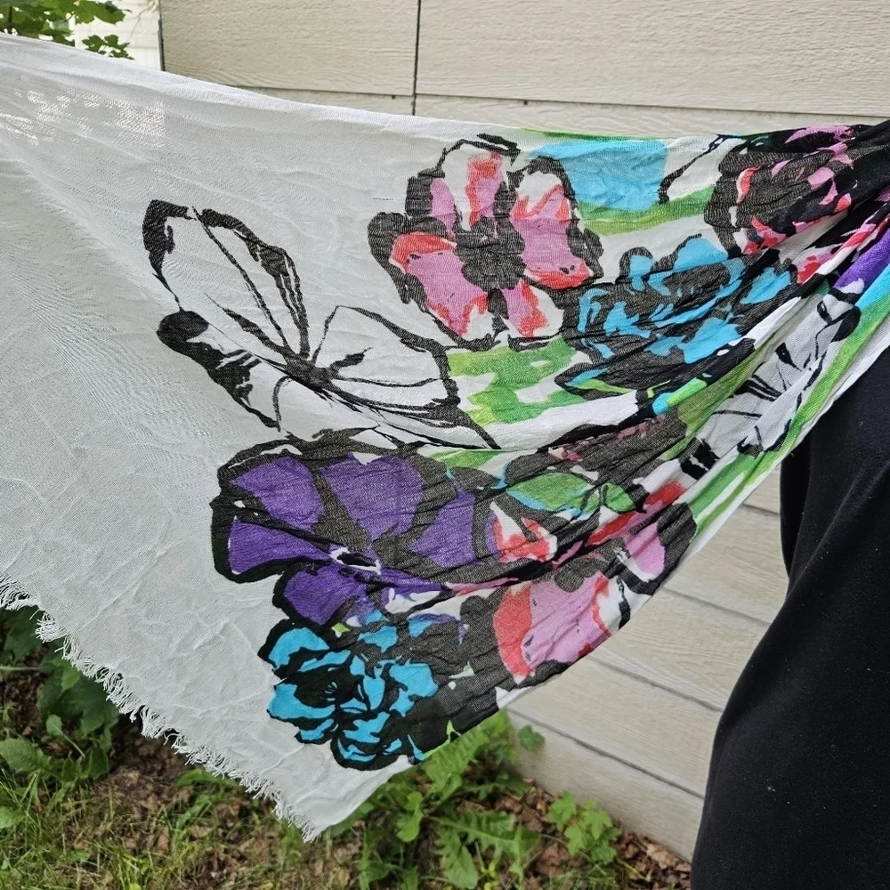 lightweight white scarf with bright flowers green blue pink purple